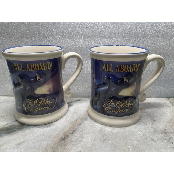 Two The Polar Express BELIEVE Warner Bros Embossed Logo Ceramic Coffee Cup Mug - Picture 1 of 6